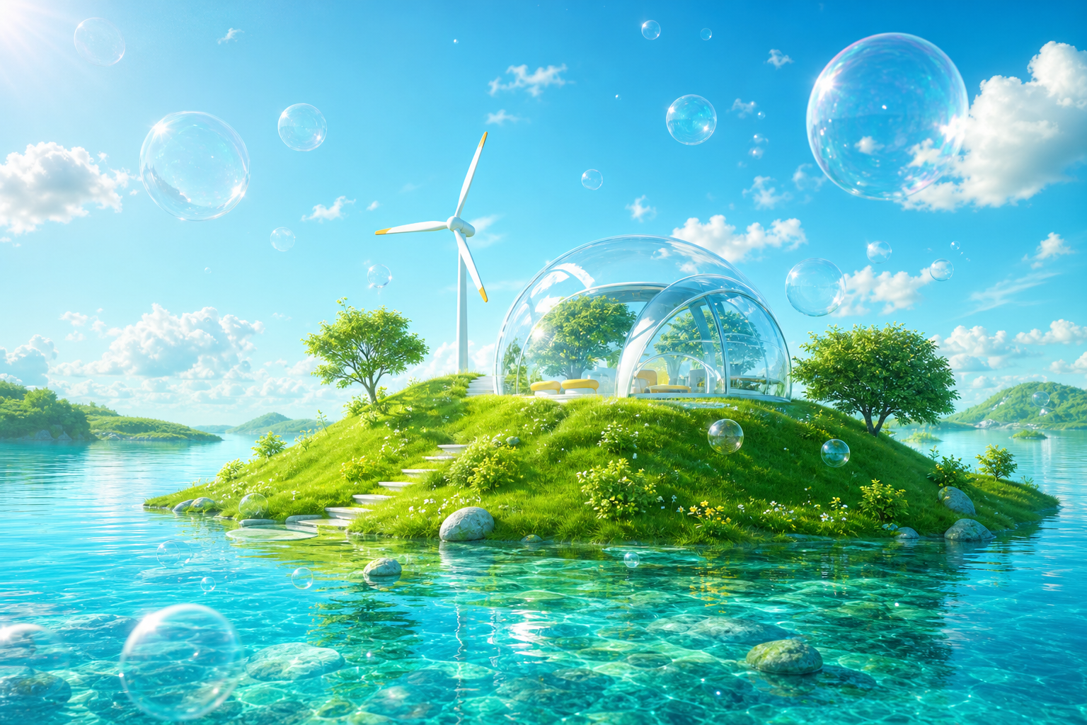 A glossy green island in turquoise water beneath a bright blue sky with bubbles, a wind turbine, and a glass dome